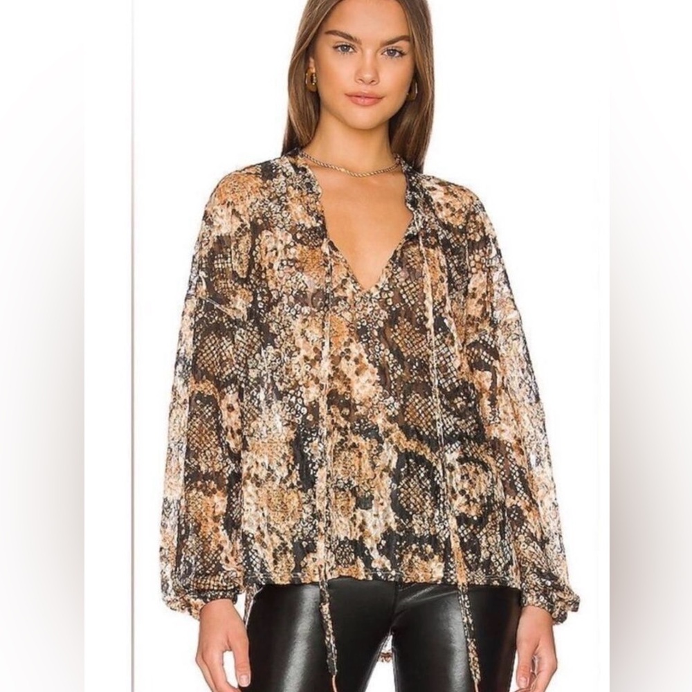 Free People Out For The Night Snake Print Top Blouse Brown Black Large Sheer